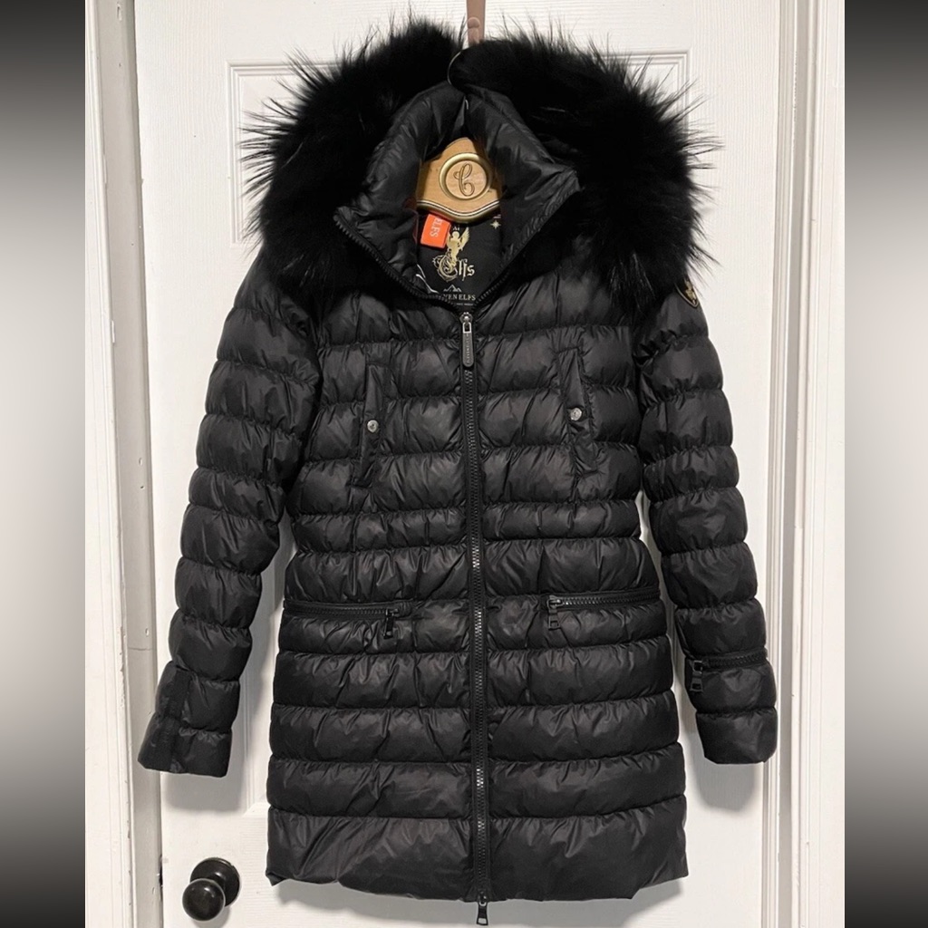 Eleven Elf's Earth Spirit 90/10 Down Jacket Black Puffer Fur Hood Woman’s Size S